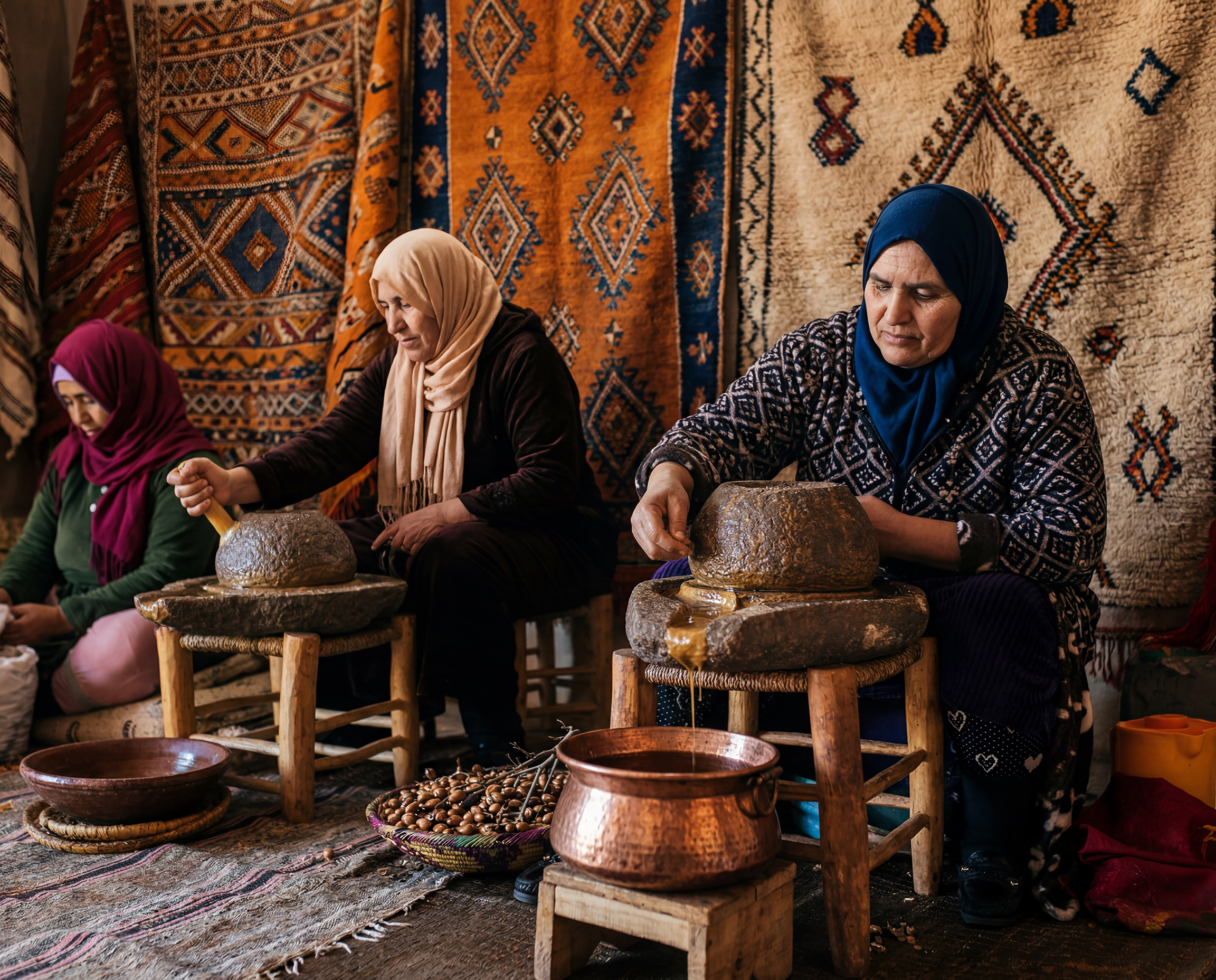 Femmes marocaines, confection artisanale de l'huile d'argan