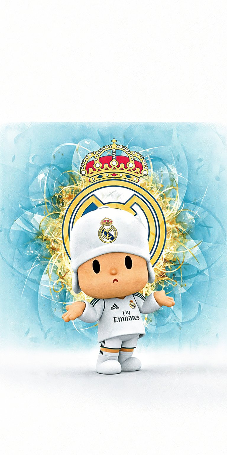 The character Pocoyo wears a Real Madrid kit, complete with a shining crown graphic and a subtle blue background. This clean and classic design captures the "Hala Madrid" spirit and is perfect for fans of the iconic white football club.