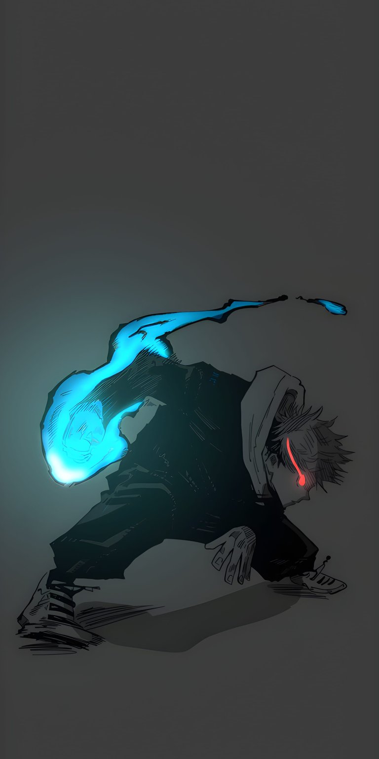 Enhance your iPhone with this Yuji Itadori 4K wallpaper, showcasing dynamic energy. This wallpaper features a vibrant blue cursed energy aura, intense red eye marking, and distinctive Adidas sneakers.