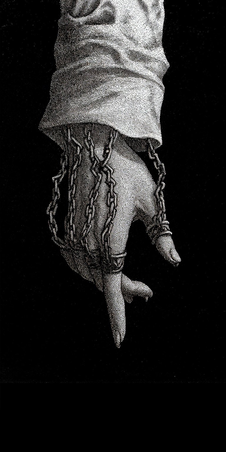 Download this compelling chained hand 4K wallpaper for your iPhone. This wallpaper features a grayscale, stippled drawing of a hand, weighed down by heavy chains and adorned with a simple ring.