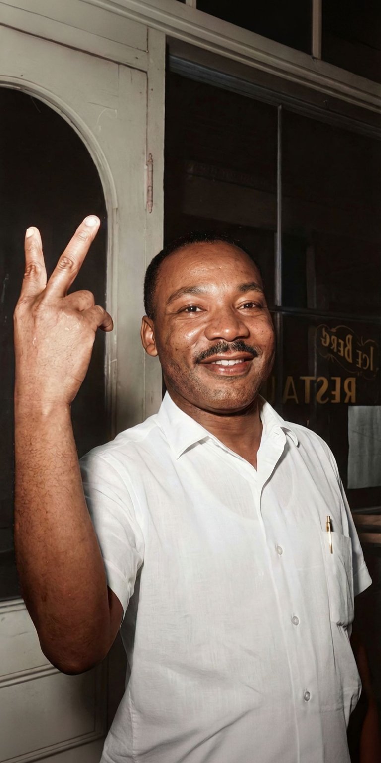 A candid 4K wallpaper of Martin Luther King Jr. smiling and flashing a peace sign. This Aesthetic wallpaper brings an inspiring and positive vibe to your iPhone home screen.