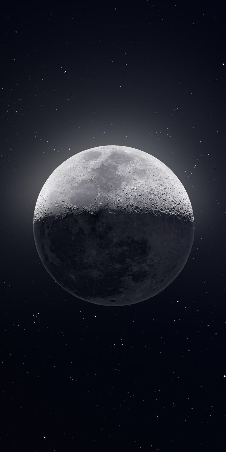 Download this stunning moon 4K wallpaper for your iPhone, showcasing a half-illuminated lunar surface against a starry night sky. The wallpaper features incredible detail of the craters and shadows.