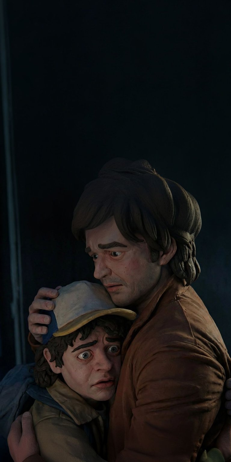 Download this Steve and Dustin 4K wallpaper for your iPhone; it features the duo in a heartfelt embrace. This wallpaper captures their claymation textures, complete with Dustin's worried expression and baseball cap.