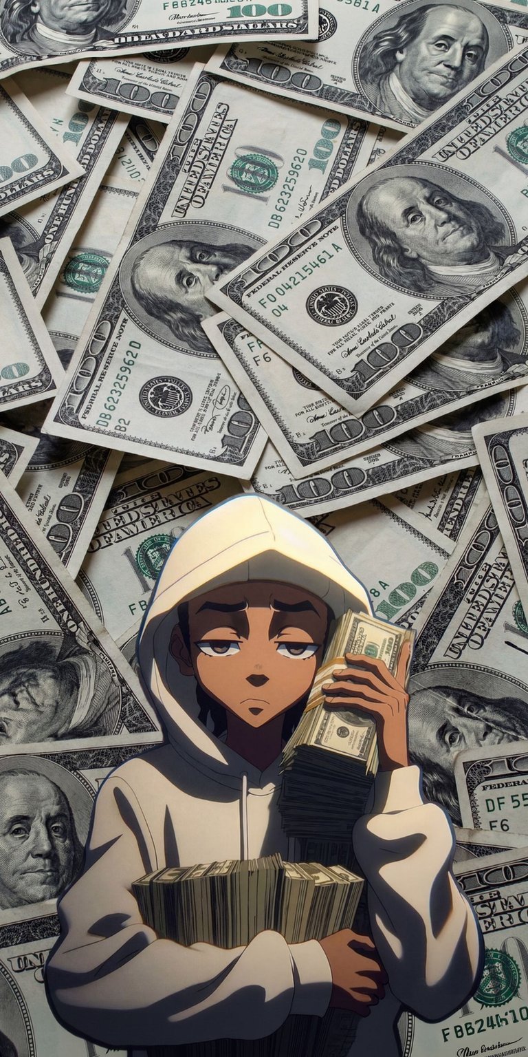 This 4K wallpaper features Huey Freeman in a white hoodie holding stacks of cash against a background of hundred-dollar bills. This aesthetic wallpaper for iPhone captures a moody, urban atmosphere with sharp shadows and high-contrast lighting.