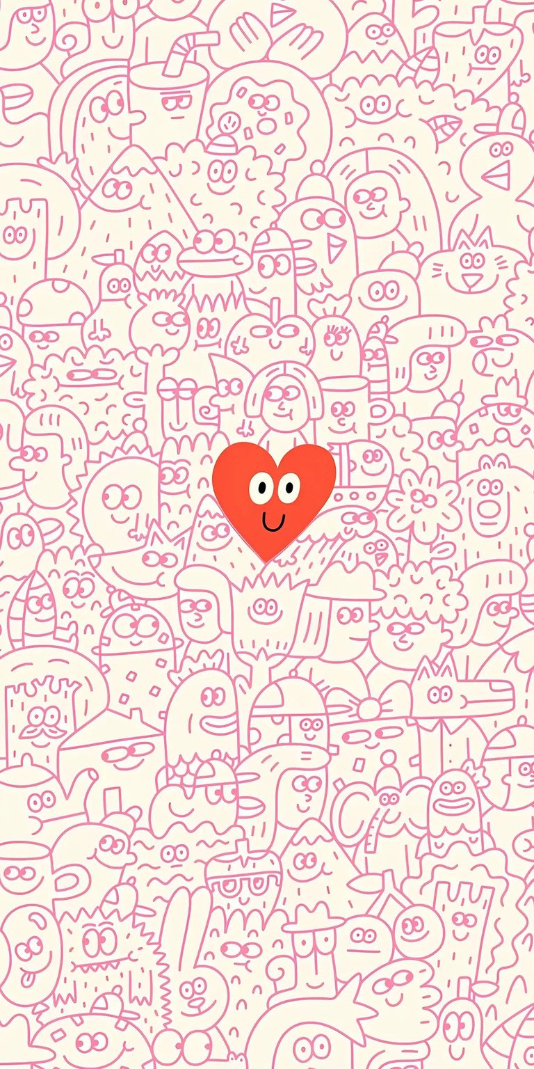 Download this charming Doodle Heart 4K wallpaper for your iPhone! This delightful wallpaper features a smiling red heart surrounded by whimsical line art, including a cup with a straw and a pizza.