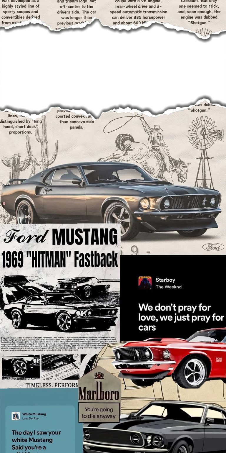A nostalgic tribute to the legendary 1969 Ford Mustang "Hitman" Fastback. This wallpaper features a high-quality vintage collage aesthetic, blending classic automotive sketches, retro advertisements, and gritty textures. It captures the raw power and timeless design of American muscle, making it the perfect backdrop for classic car enthusiasts.