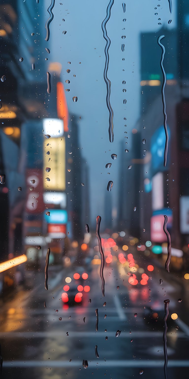 Raindrops cling to glass overlooking a blurred, colorful city street at night. This 3D spatial wallpaper uses depth and bokeh lighting to create a cozy atmosphere on your iPhone.