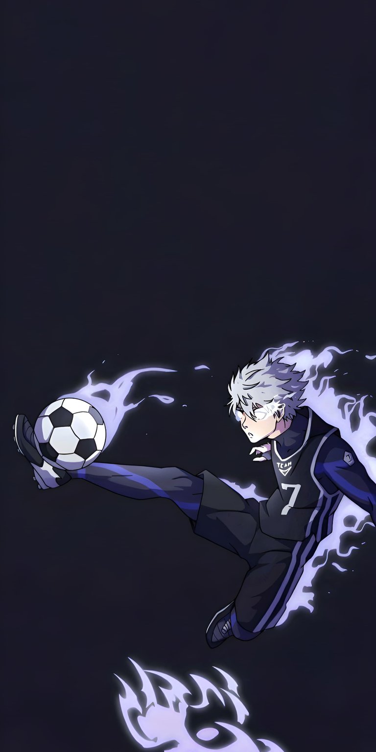 Download this dynamic Nagi Seishiro 4K wallpaper for your iPhone, showcasing him powerfully kicking a soccer ball with ghostly flames. This high-resolution wallpaper captures his determined expression, white hair, and the number "7" on his jersey.