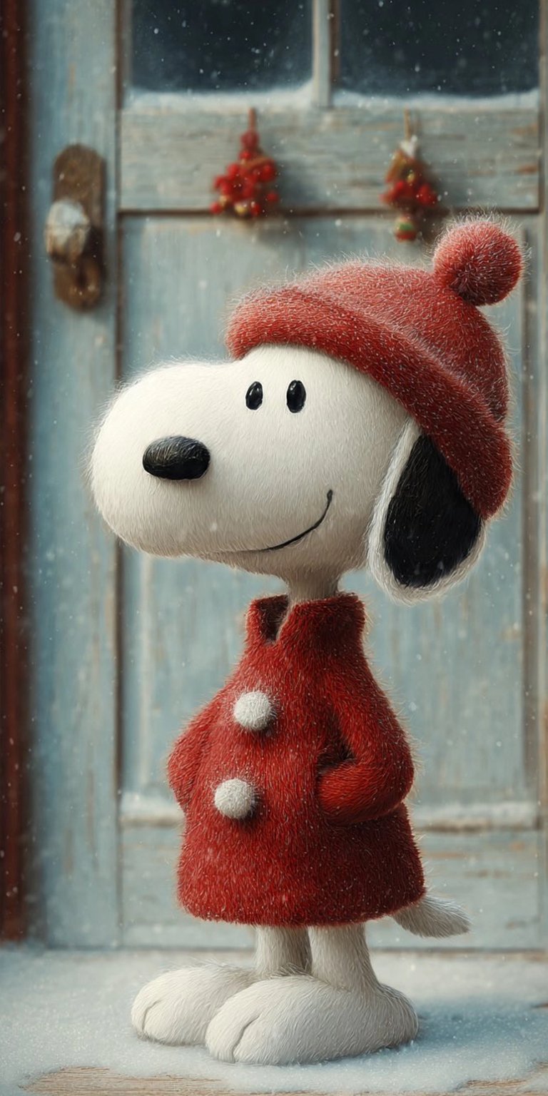 This delightful Snoopy wallpaper, rendered in stunning 4K, is perfect for your iPhone. Snoopy is depicted in a charming red hat and coat with snow falling around him in front of a door decorated with red holiday ornaments.