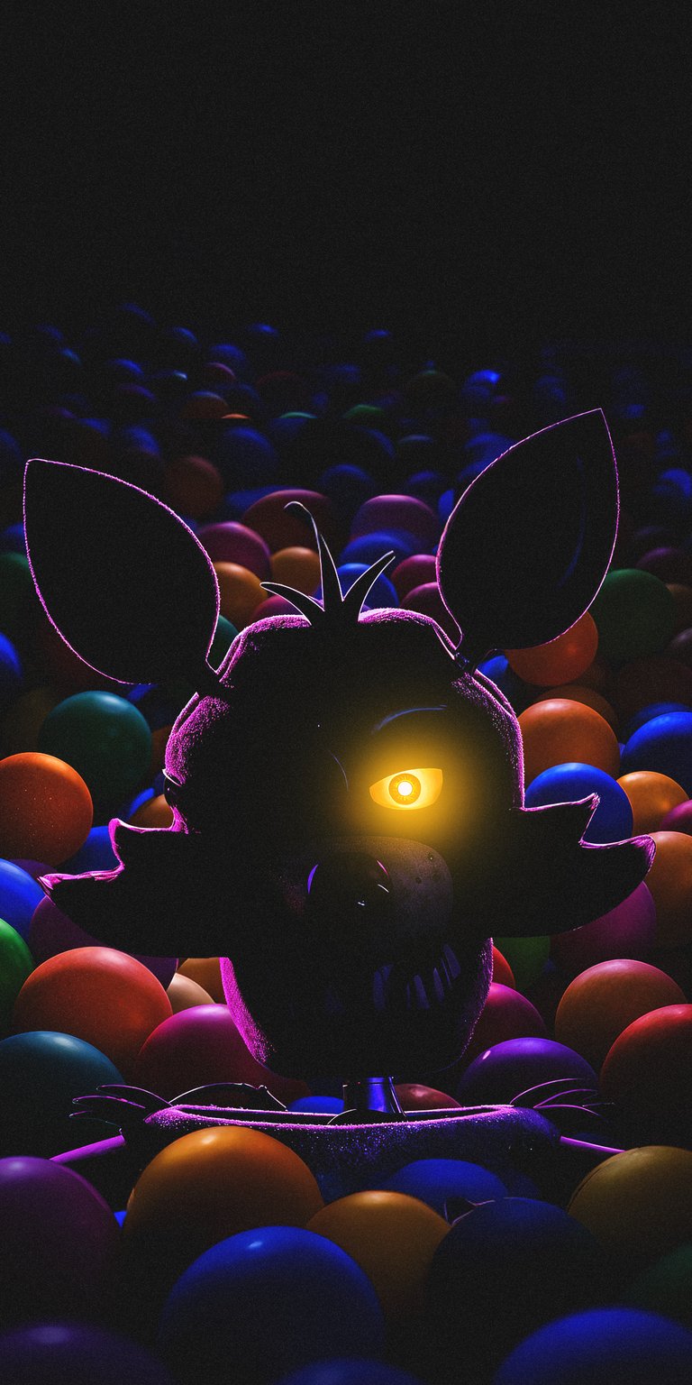 Download this striking Foxy wallpaper in 4K for your iPhone! The glowing yellow eye and menacing teeth stand out amidst a sea of colorful balls, creating a unique wallpaper.