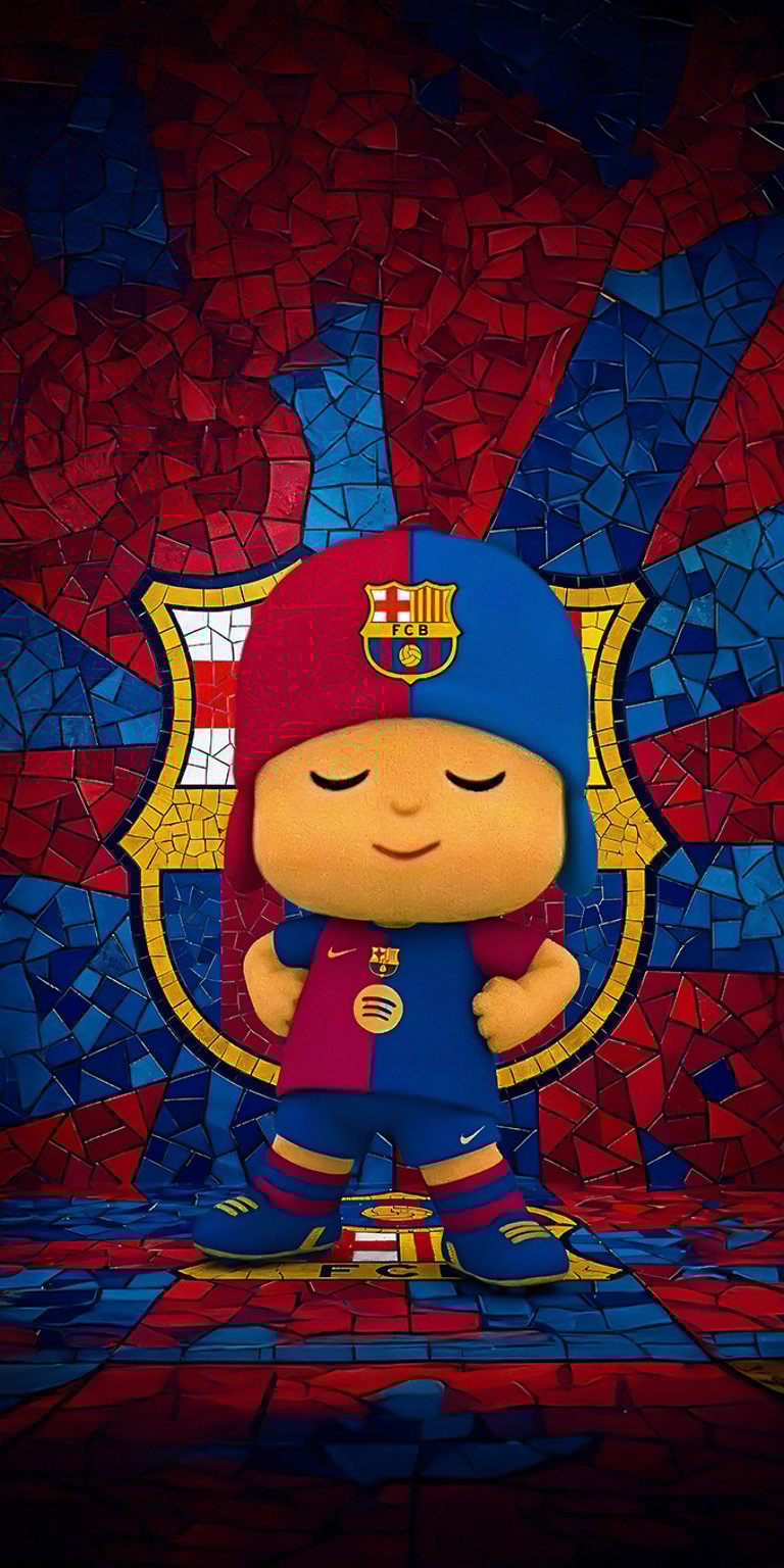 A spirited depiction of the character Pocoyo in a FC Barcelona kit, set against a rich, mosaic-style background of the team's blue and red colors. This design is great for fans looking for a bold, artistic, and club-themed aesthetic for their device.