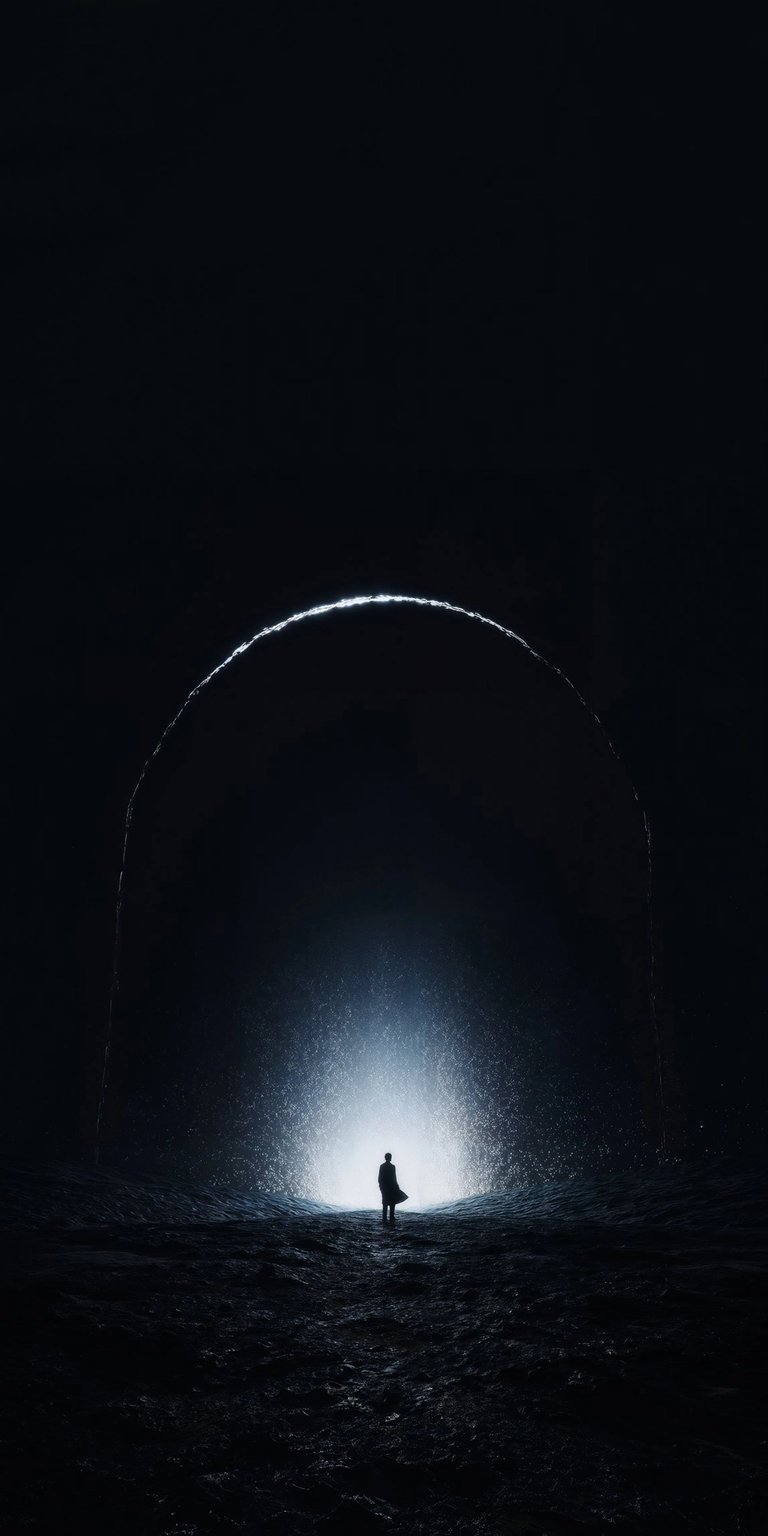 This wallpaper captures a profound sense of solitude and hope. A small silhouette of a person stands at the end of a dark, cavernous tunnel, facing a brilliant, ethereal crescent of light. The grainy texture and deep blacks provide a sophisticated, "dark mode" friendly look for any device, symbolizing a journey toward the light.