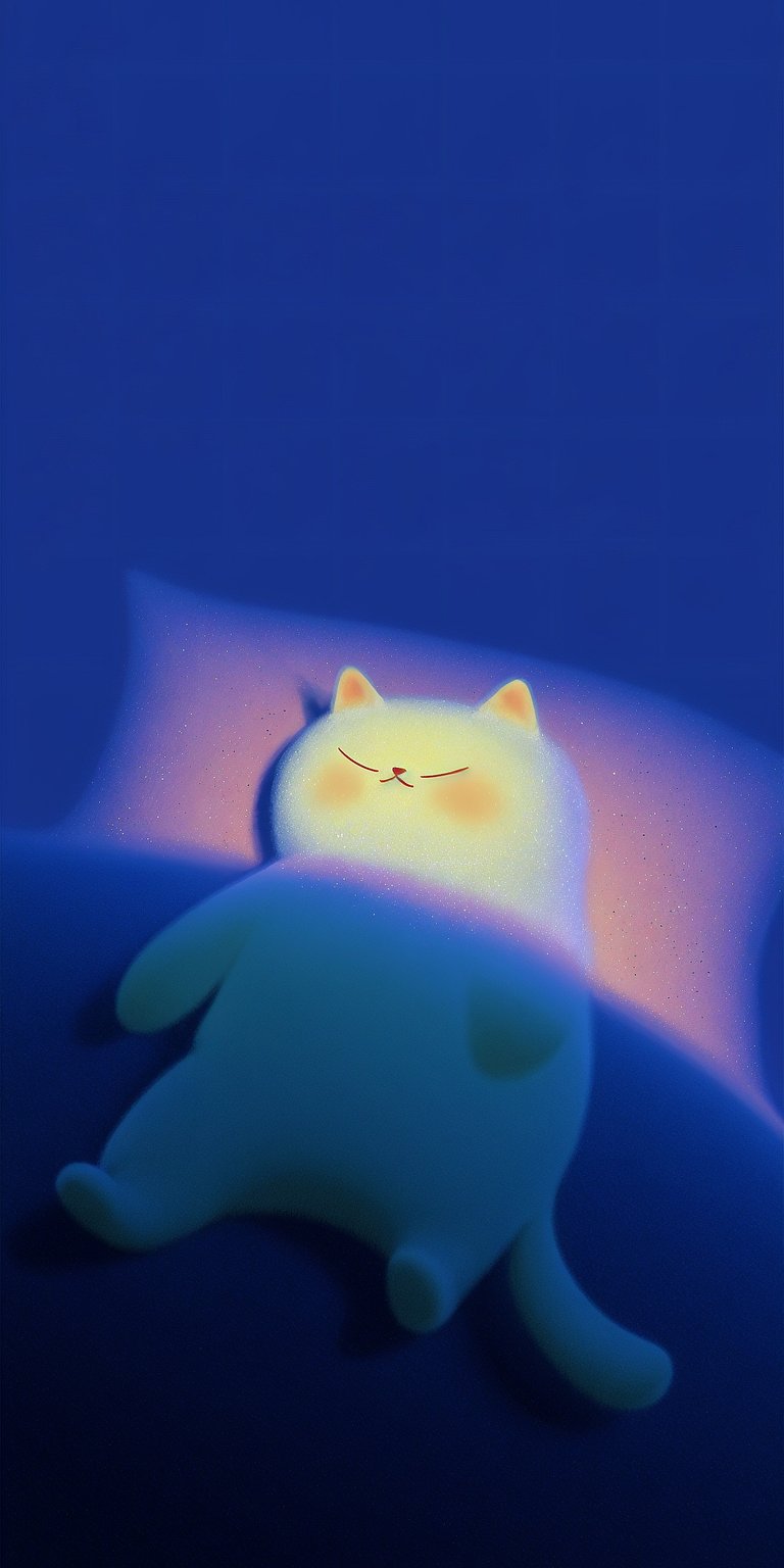 Sleeping Glowing Cat Static wallpaper featuring a cute curled cat, soft blue background, and gentle luminous glow. This aesthetic wallpaper creates a cozy and calming vibe, perfect for iPhone lock screen and home screen setups.