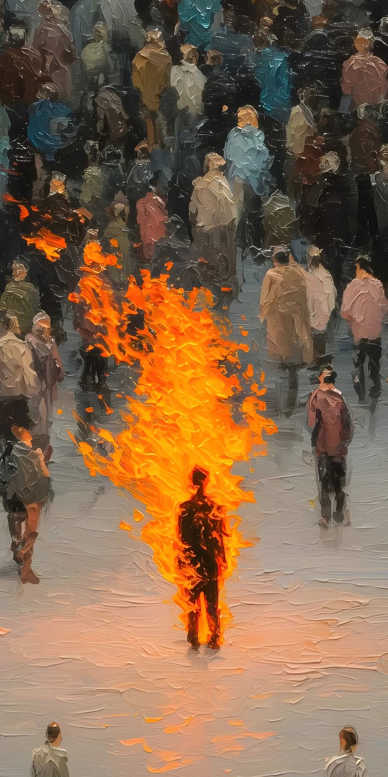 Burning Figure 4K wallpaper portraying a lone silhouette engulfed in vivid flames against a blurred crowd backdrop. This aesthetic wallpaper creates a dramatic, high-contrast look for your iPhone lock screen and home screen.