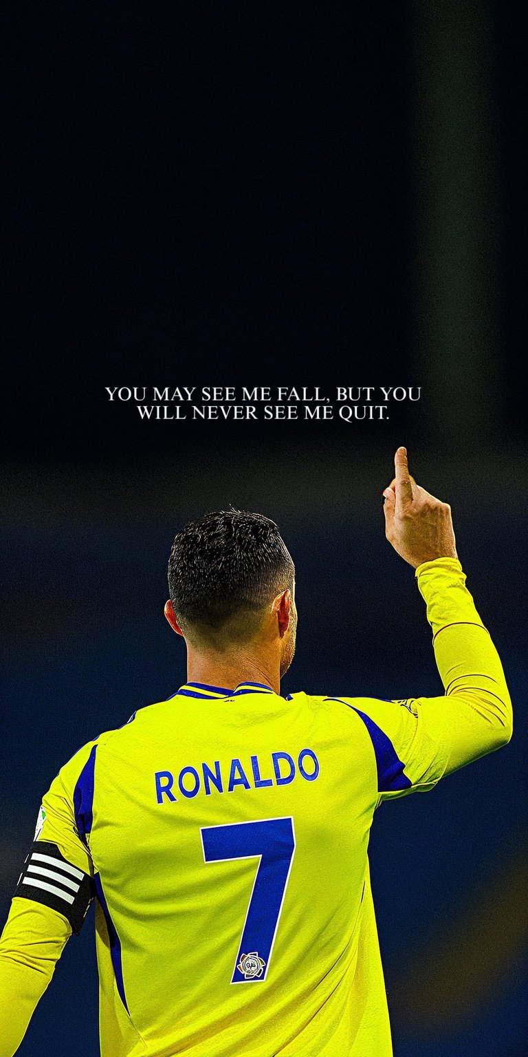 Experience elite motivation with this Cristiano Ronaldo 4K AMOLED wallpaper featuring the star in his vibrant yellow Al-Nassr kit. This high-contrast wallpaper looks stunning on iPhone, showcasing deep blacks and sharp, inspirational typography against a dark stadium glow.