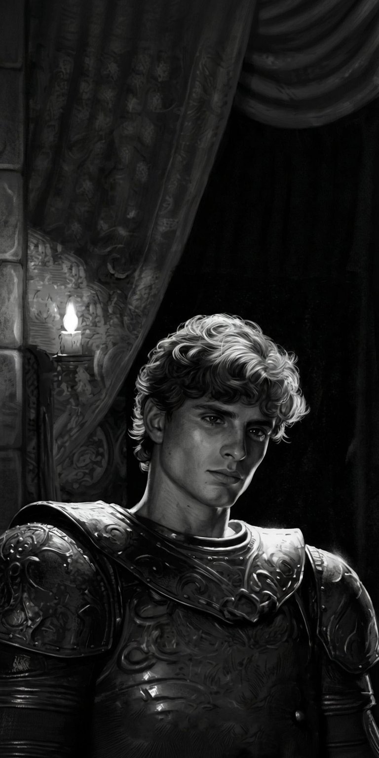 Download this striking Sir Thomas 4K wallpaper for your iPhone, featuring a knight in ornate armor illuminated by candlelight. The black and white composition highlights the intricate details of the damask curtain and stone wall, making it a captivating wallpaper choice.