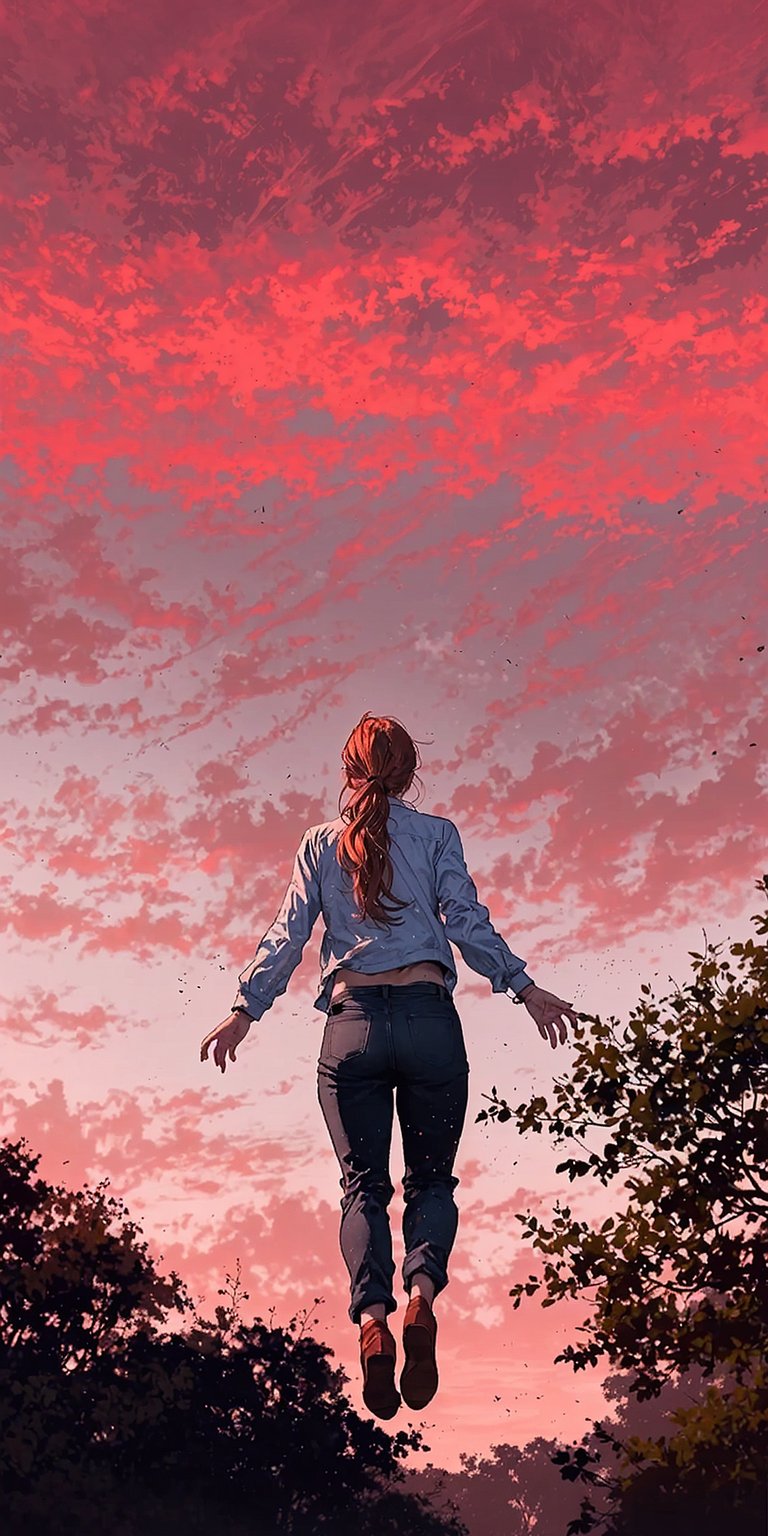 Elevate your iPhone with this stunning 4K wallpaper showcasing Max Mayfield in Stranger Things 5 floating toward a vibrant, cloudy sky. The detailed artwork features a woman in blue denim, poised between shadowy trees, creating an ethereal mobile wallpaper.