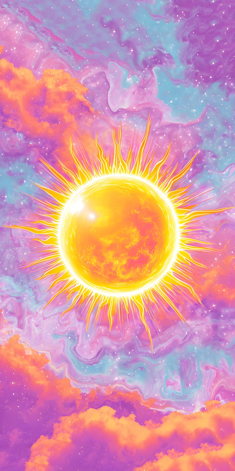 This vibrant Sun 4K wallpaper is perfect for your iPhone, showcasing the bright star amidst colorful, swirling nebulae. The wallpaper features wispy clouds and a stardust filled backdrop.