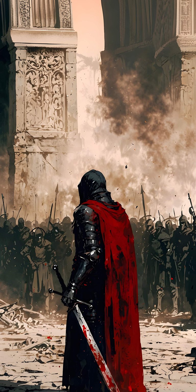 Download this striking Knight Warrior 4K wallpaper for your iPhone, showcasing a hooded figure draped in a vibrant red cape, standing amidst a war-torn landscape. The bloodied sword and the ancient architecture make this wallpaper a must-have.