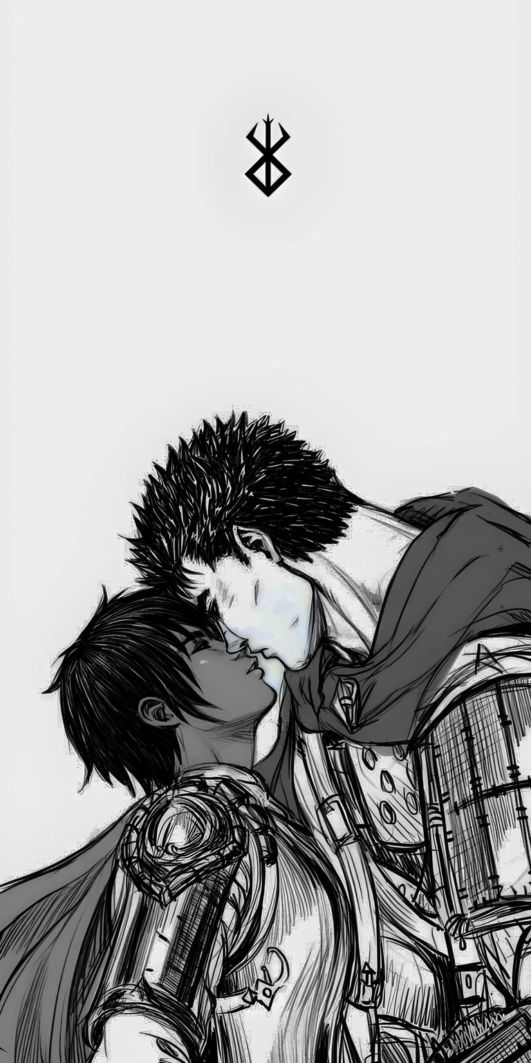 Download this stunning Guts and Griffith 4K wallpaper for your iPhone, showcasing a poignant kiss, and the stark contrast in their hair textures. This black and white wallpaper also features intricate armor details.