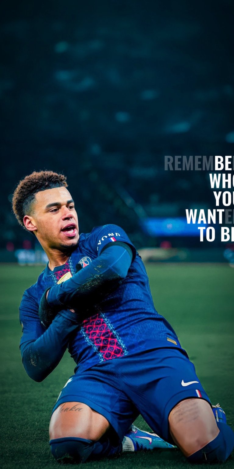 Bring the energy of the next generation to your iPhone with this 4K wallpaper of Desire Doue in his Paris Saint-Germain kit. The wallpaper features a "Remember Who You Wanted To Be" quote, highlighting the young star's ambition and power on the pitch.
