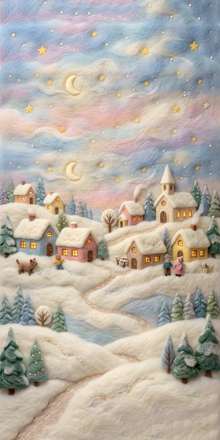 This aesthetic wallpaper features a charming winter village handcrafted with soft felted wool textures. Perfect for your iPhone, the background displays a dreamy pastel sky filled with stars and crescent moons over cozy glowing cottages.