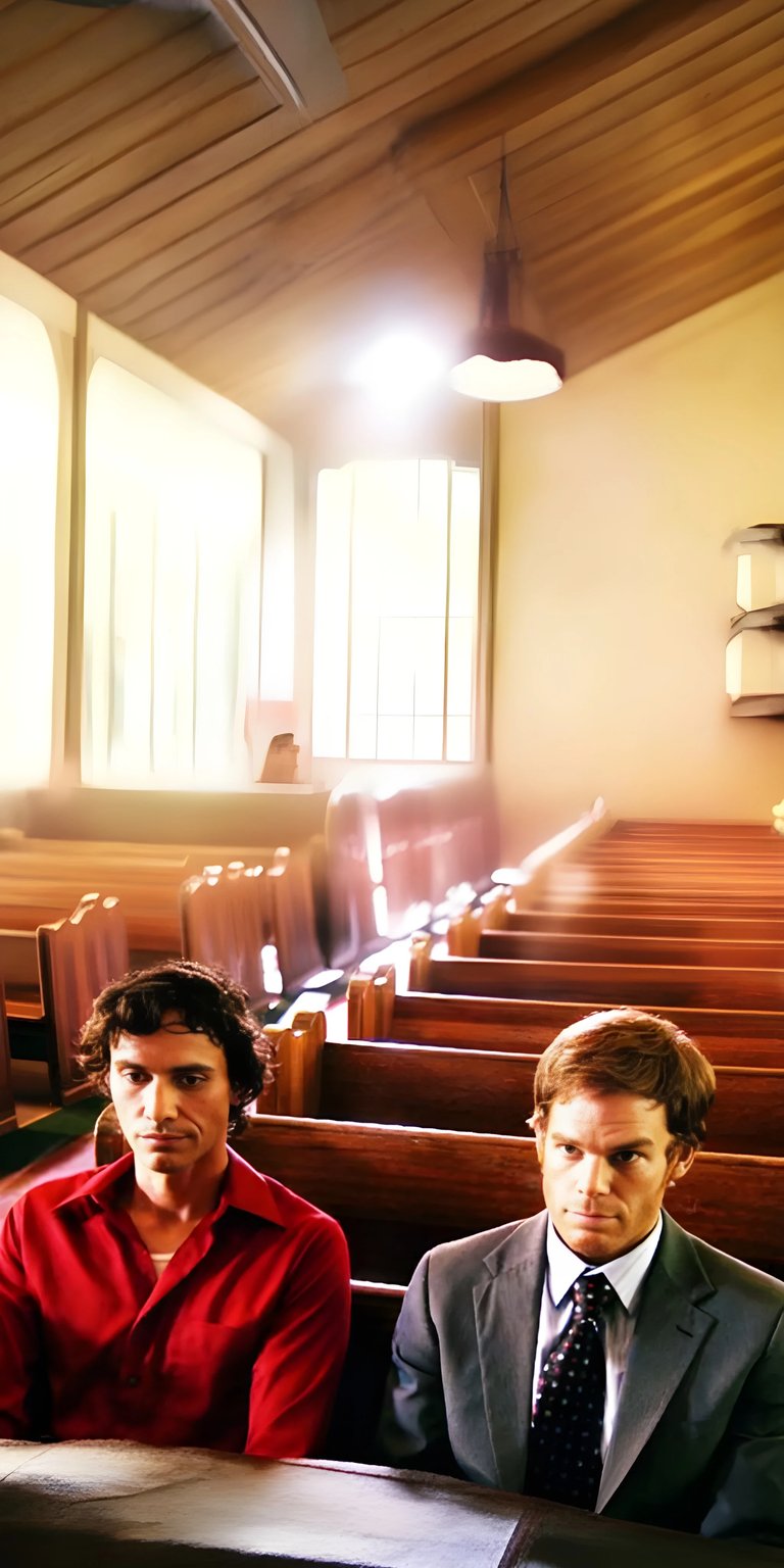 Get this amazing 4K wallpaper of Dexter and Miguel sitting in a church for your iPhone. This wallpaper captures their intense expressions, the light fixture above, and the old wooden pews.
