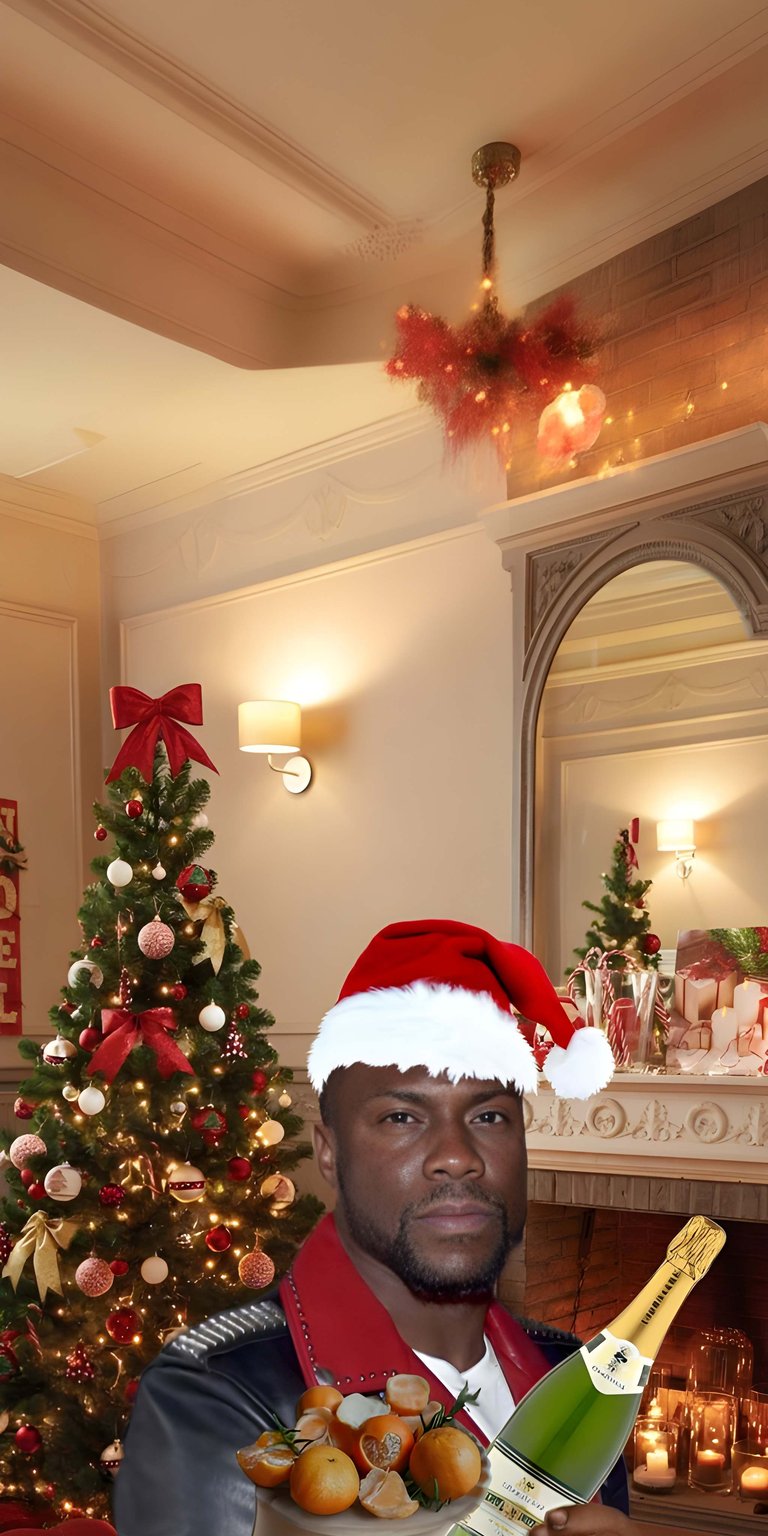 Download this festive Kevin Hart wallpaper in 4K for your iPhone! This wallpaper features Kevin wearing a Santa hat, holding a bottle of champagne, and standing in front of a Christmas tree with a bright red bow.