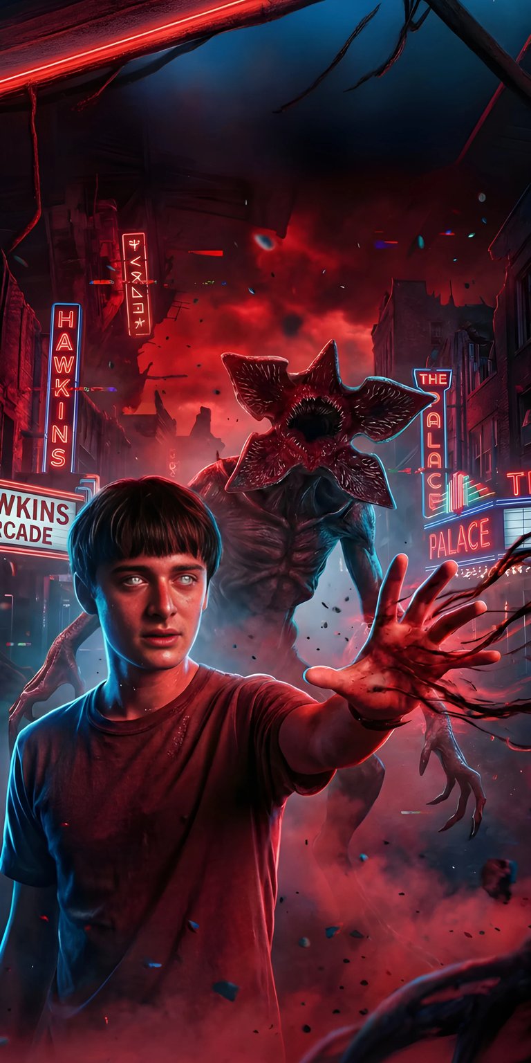 Download this chilling 4K wallpaper for your iPhone, featuring Will Byers facing a Demogorgon against a backdrop of eerie red skies and the glowing 'Hawkins Arcade' sign. This wallpaper captures the suspense with dark vines and a menacing monster.