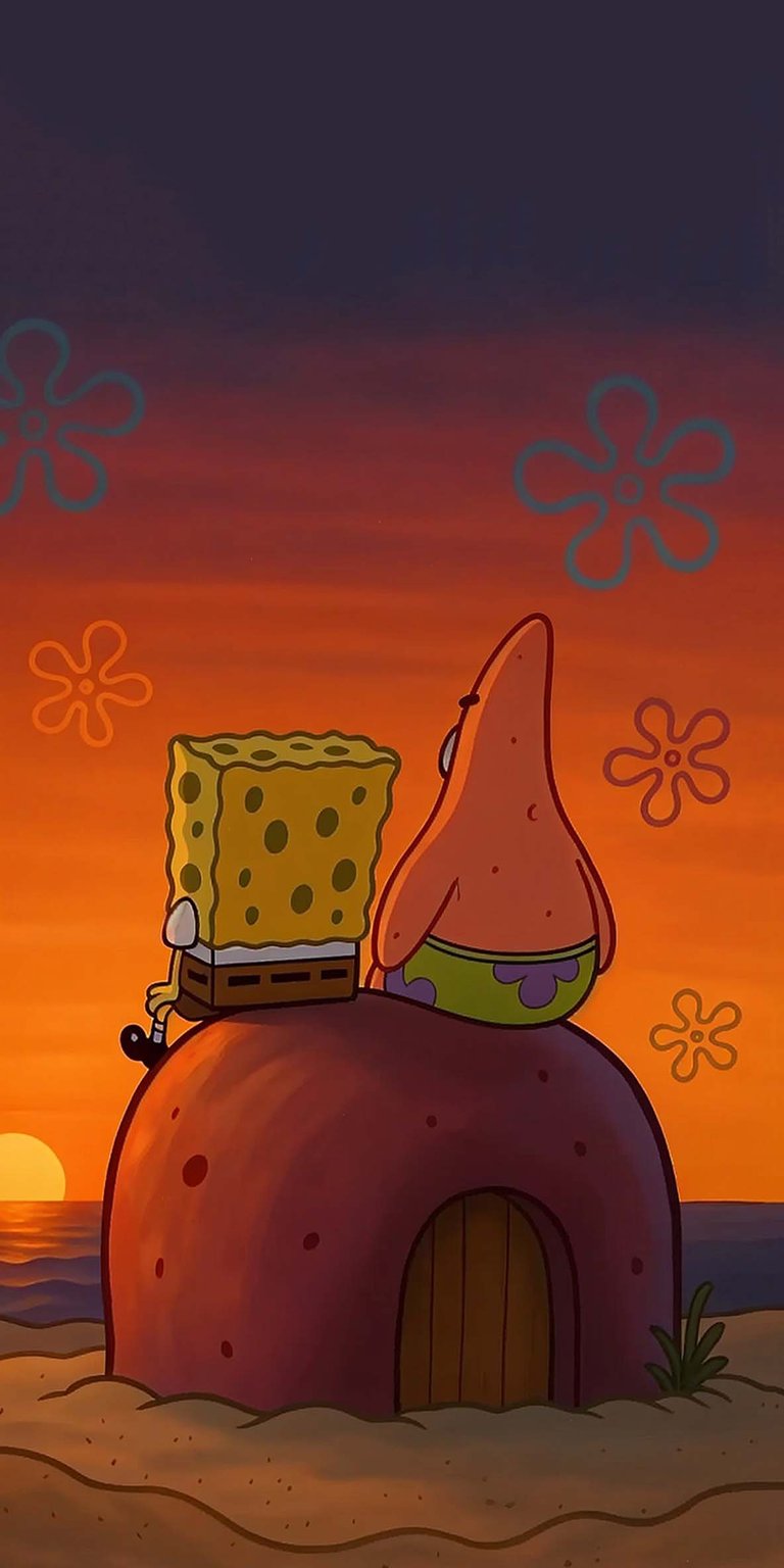 Download this Spongebob and Patrick 4K wallpaper for your iPhone, featuring the pair sitting atop a mushroom-shaped house as the sun sets. This high-resolution wallpaper showcases Spongebob's porous texture and Patrick's patterned shorts against a vibrant sunset background.