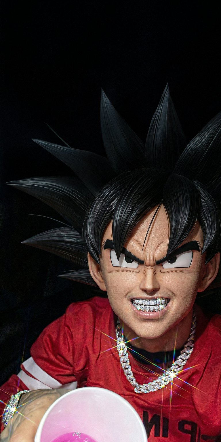 This 4K OLED wallpaper features a realistic Goku flexing with iced-out diamond grillz and a purple drink. Perfect for your iPhone, the deep black background emphasizes the vibrant red jersey and sparkling jewelry glints for a bold urban mood.