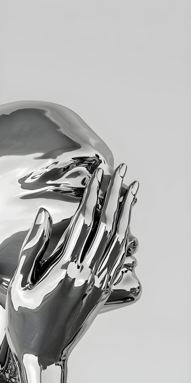 Download this chrome woman 4K wallpaper for your iPhone, showcasing a reflective hand over her mouth. The metallic face and glossy finish make this wallpaper a unique choice.