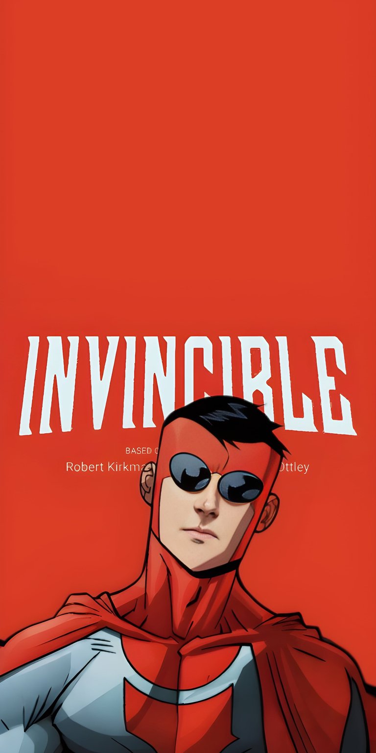 This 4K Invincible minimalist wallpaper features a clean, bold red background and sharp character illustration perfect for your iPhone. The wallpaper focuses on a high-contrast comic book aesthetic with vibrant colors and a modern flat design.