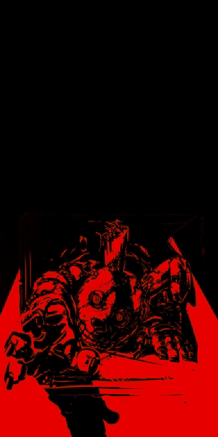 An intense 4K wallpaper featuring a chaotic, close-up vision of a cyborg or robot in a state of distress or combat. The illustration uses a stark red and black palette to emphasize the mechanical destruction, exposed gears, and wires. This wallpaper is perfect for fans of Artificial Intelligence (AI) themes, cyberpunk, sci-fi horror, and mecha concepts.