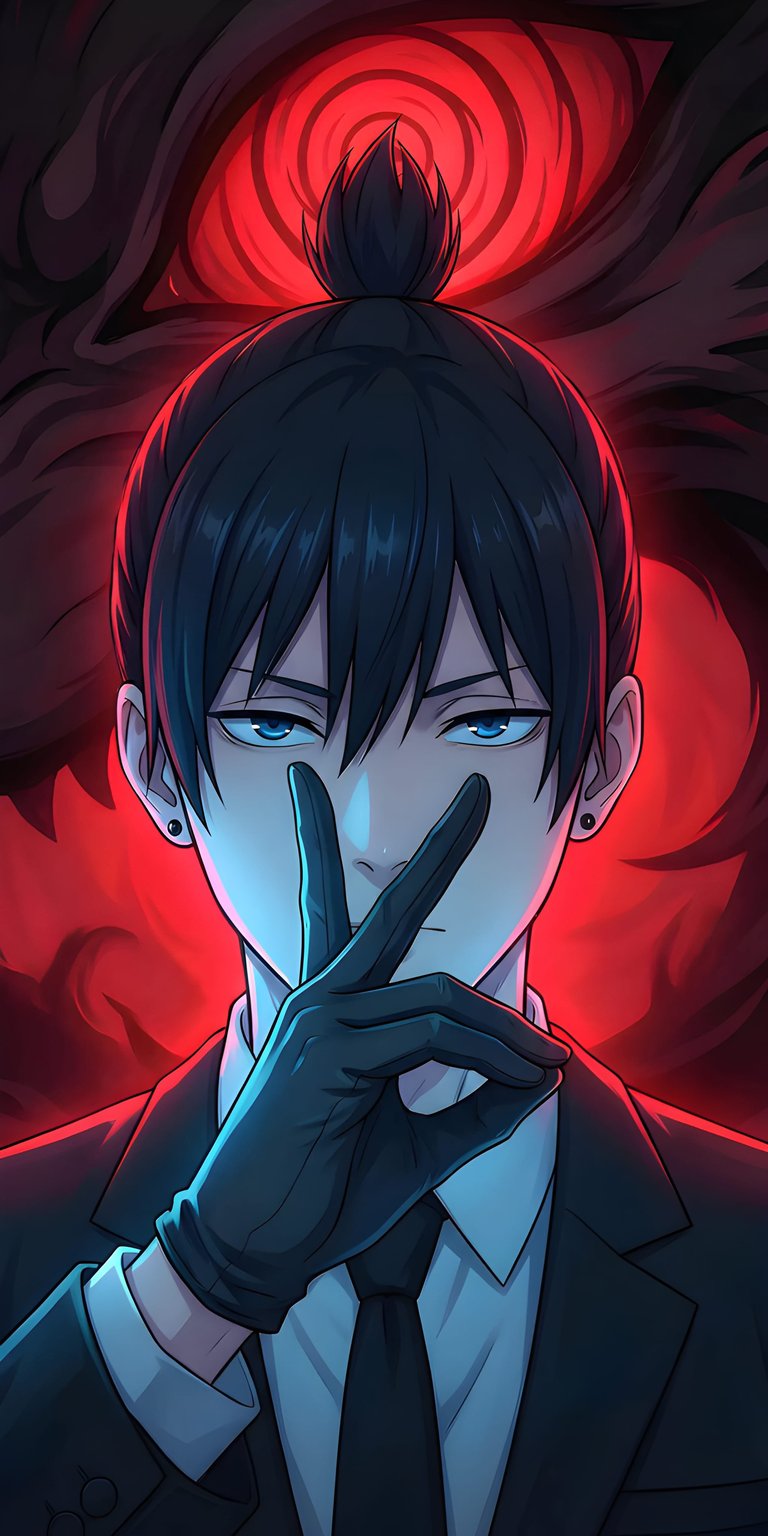 This high-quality 4K wallpaper features Aki Hayakawa making the hand sign for the Fox Devil against a dramatic red background. Designed for iPhone, this aesthetic wallpaper captures a moody, cinematic atmosphere with sharp blue eyes and striking high-contrast lighting.