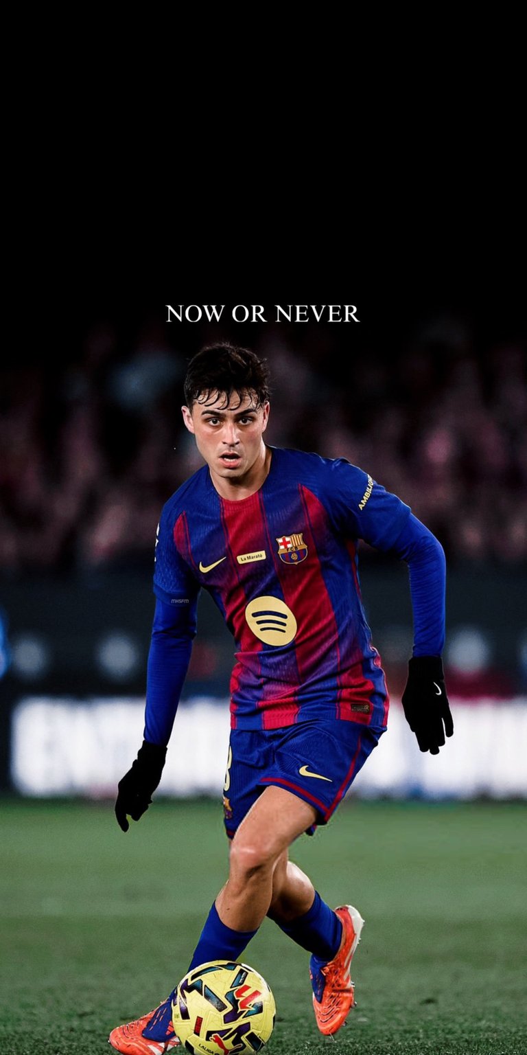Showcase your love for Barça with this 4K wallpaper featuring Pedri González. The design captures Pedri in motion during a match, wearing the iconic Blaugrana stripes. With a darkened stadium atmosphere and "NOW OR NEVER" typography, this wallpaper brings the energy of Camp Nou directly to your phone screen.