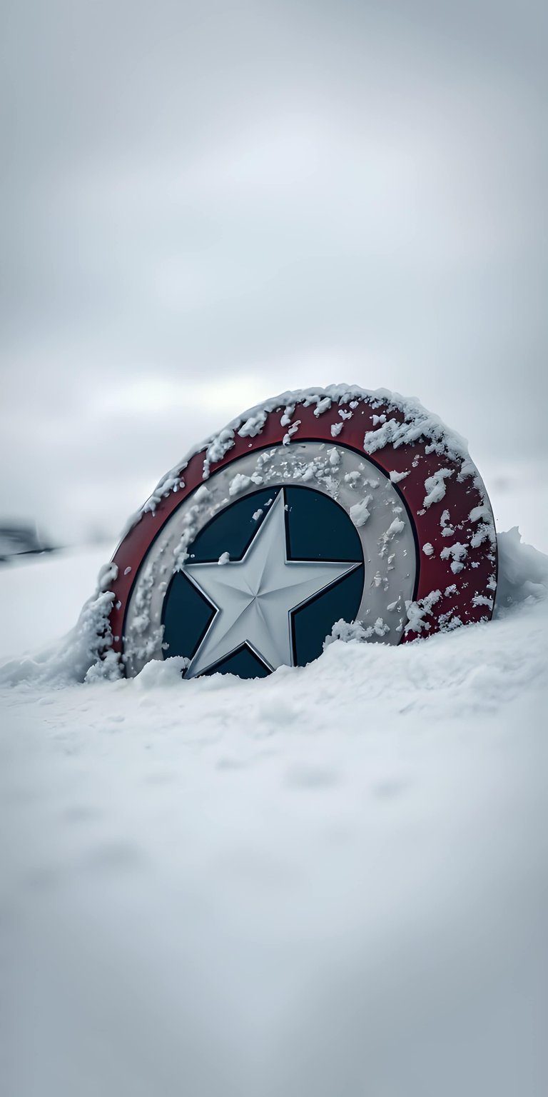 This cinematic Captain America shield in snow 4K wallpaper brings a moody, winter atmosphere to your iPhone. The aesthetic wallpapers style highlights the iconic red, white, and blue vibranium shield buried in a high-contrast, frosty landscape.