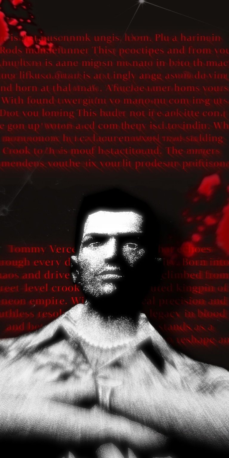 Tommy Vercetti wallpaper designed in an aesthetic wallpapers style for iPhone, presenting a dark, cinematic character portrait. This wallpaper features deep black shadows, glowing red accents, and gritty contrast, creating an intense and dramatic wallpaper mood.