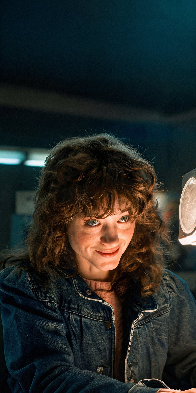 Download this Nancy Wheeler wallpaper in stunning 4K for your iPhone. She sports a denim jacket and a light pink sweater with curly dark hair and a warm smile.