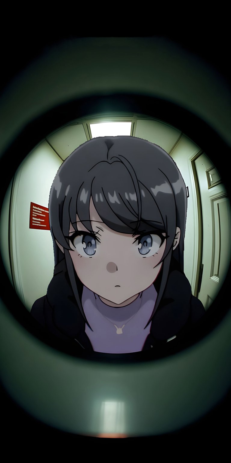 Get this cool Mai Sakurajima 4K wallpaper for your iPhone! This wallpaper features Mai's surprised expression framed by a peephole, complete with visible wall signs and a hint of a bunny pendant.