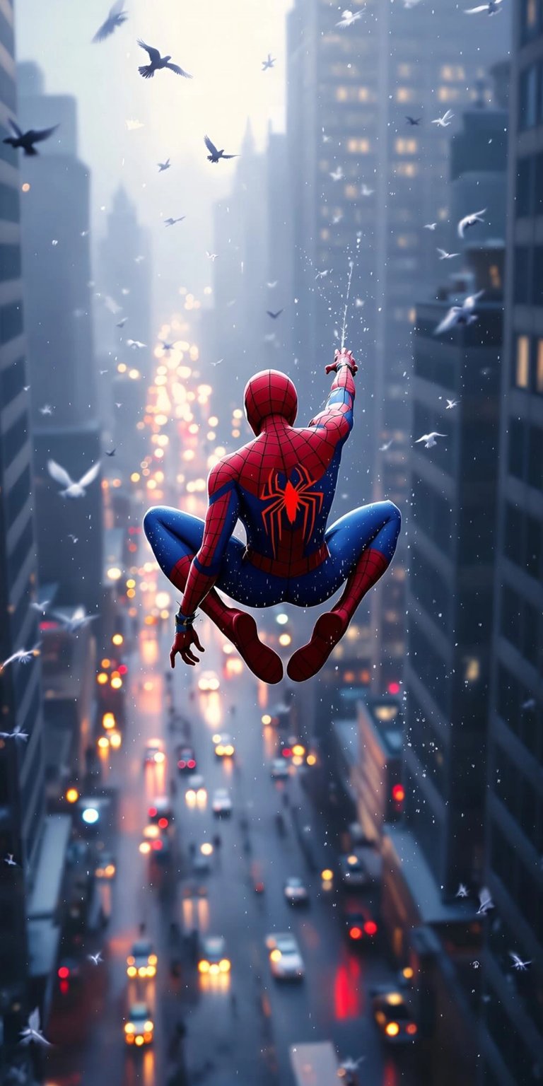 Download this incredible Spider-Man wallpaper in 4K for your iPhone, featuring the iconic superhero soaring above a city street filled with blurred headlights and surrounded by white doves. The red and blue suit is highly detailed in this stunning wallpaper.