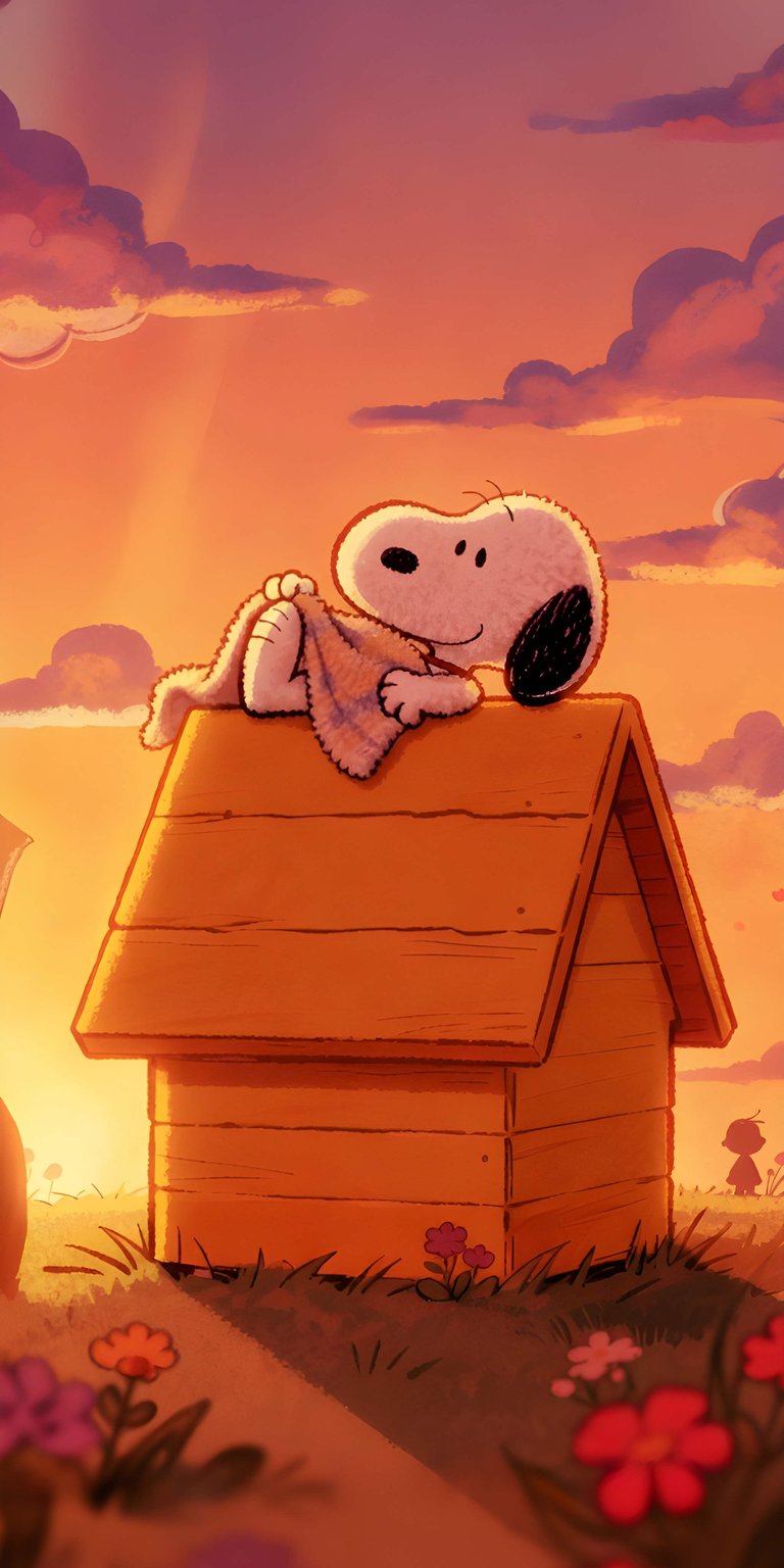 Download this Snoopy 4K wallpaper for your iPhone featuring Snoopy relaxing on his dog house. This wallpaper showcases a warm sunset, fluffy clouds, and a field of colorful flowers.