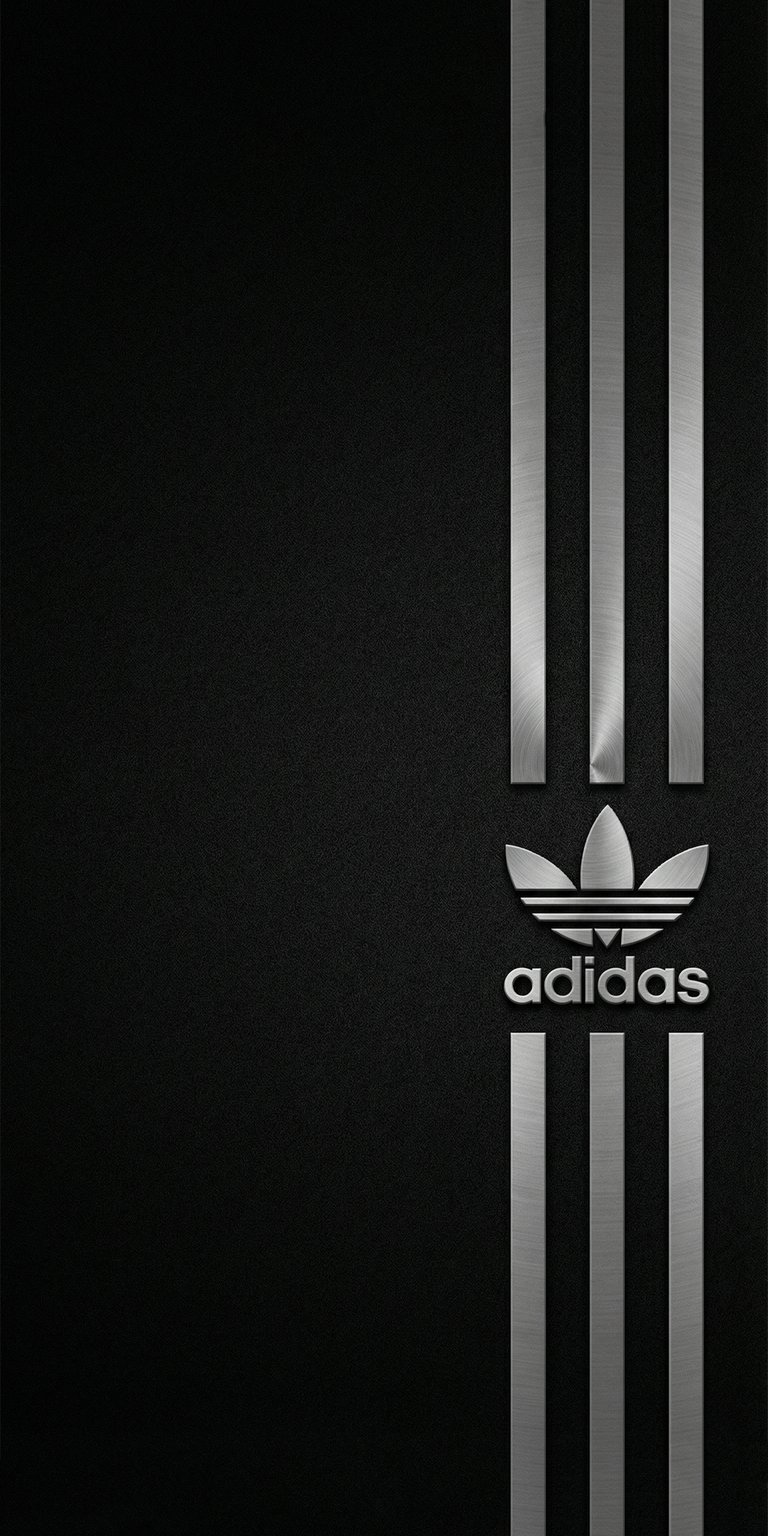 This Adidas Logo wallpaper features sleek silver stripes against a deep black background. Perfect for your iPhone, this OLED wallpaper highlights the iconic brand with high-contrast minimalist style.