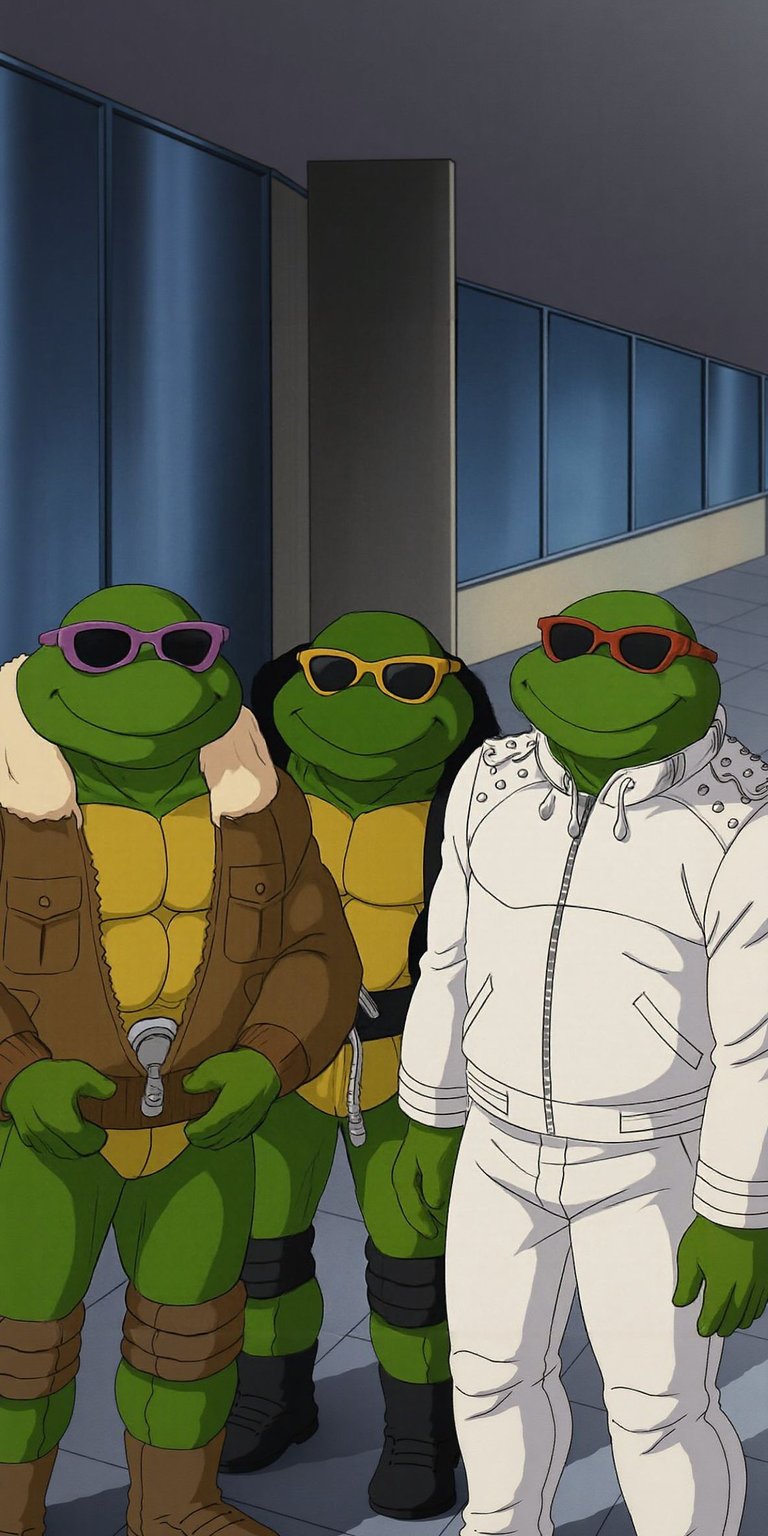 The TMNT crew looks sharp in this 3D wallpaper featuring Leonardo, Michelangelo, and Donatello in modern white jackets and sunglasses. This 4K iPhone wallpaper brings a fresh, urban streetwear aesthetic to the classic Ninja Turtles look.