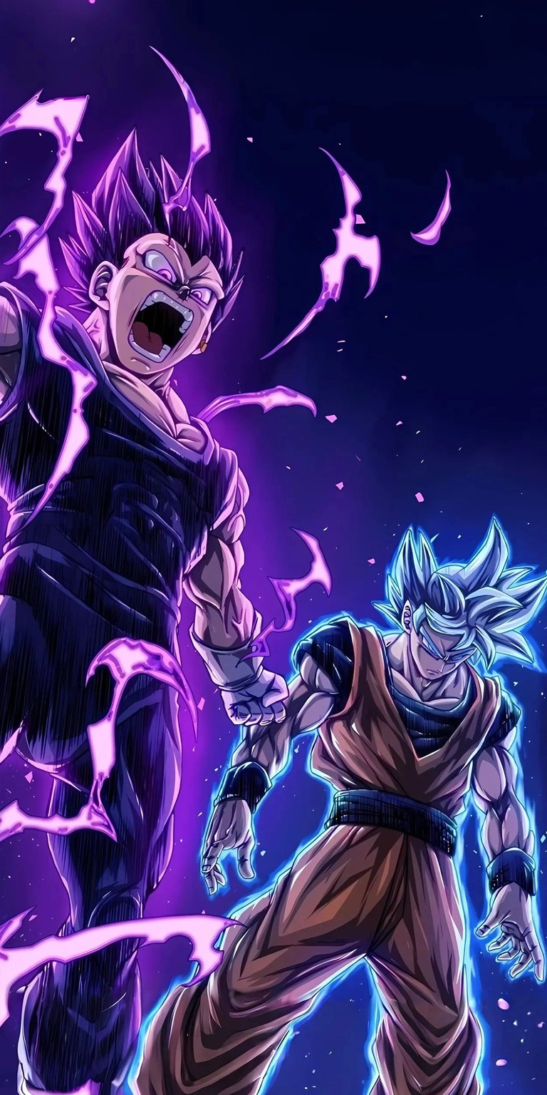 This high-energy live wallpaper features the ultimate forms of the Saiyan rivals. Vegeta is enveloped in the fierce purple aura of Ultra Ego, while Goku stands focused in the silver glow of Mastered Ultra Instinct. Perfect for fans of the Dragon Ball Super manga and anime who want a powerful, high-contrast battle aesthetic on their mobile device.