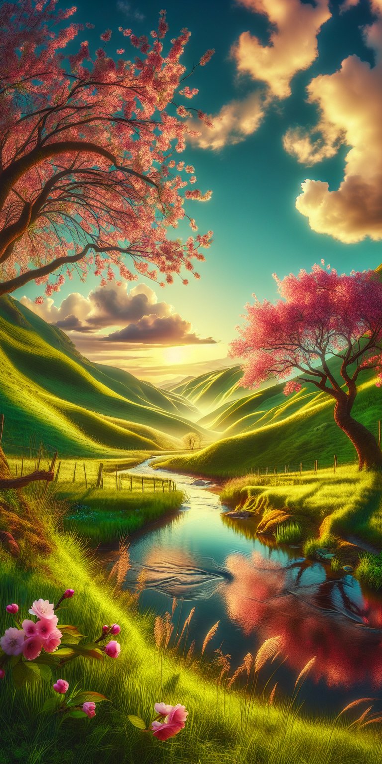 Relaxing view of green mountains with cherry blossom tree wallpaper