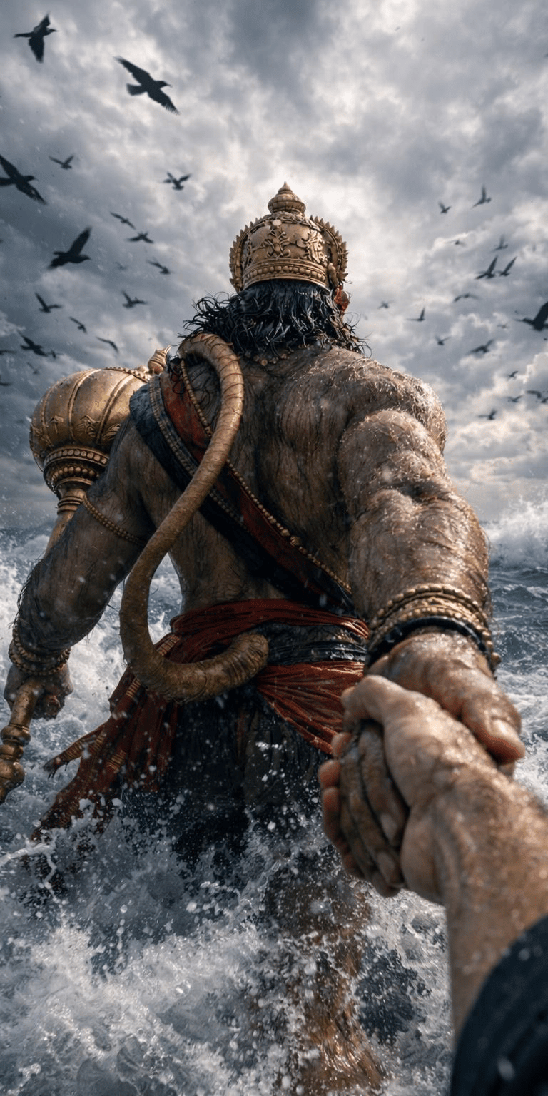 Hanuman wallpaper for iPhone showing a powerful rear-view figure emerging through ocean waves under a stormy sky. This Aesthetic wallpapers style wallpaper uses dramatic lighting, deep blue tones, and cinematic depth to create an intense and heroic wallpaper experience.