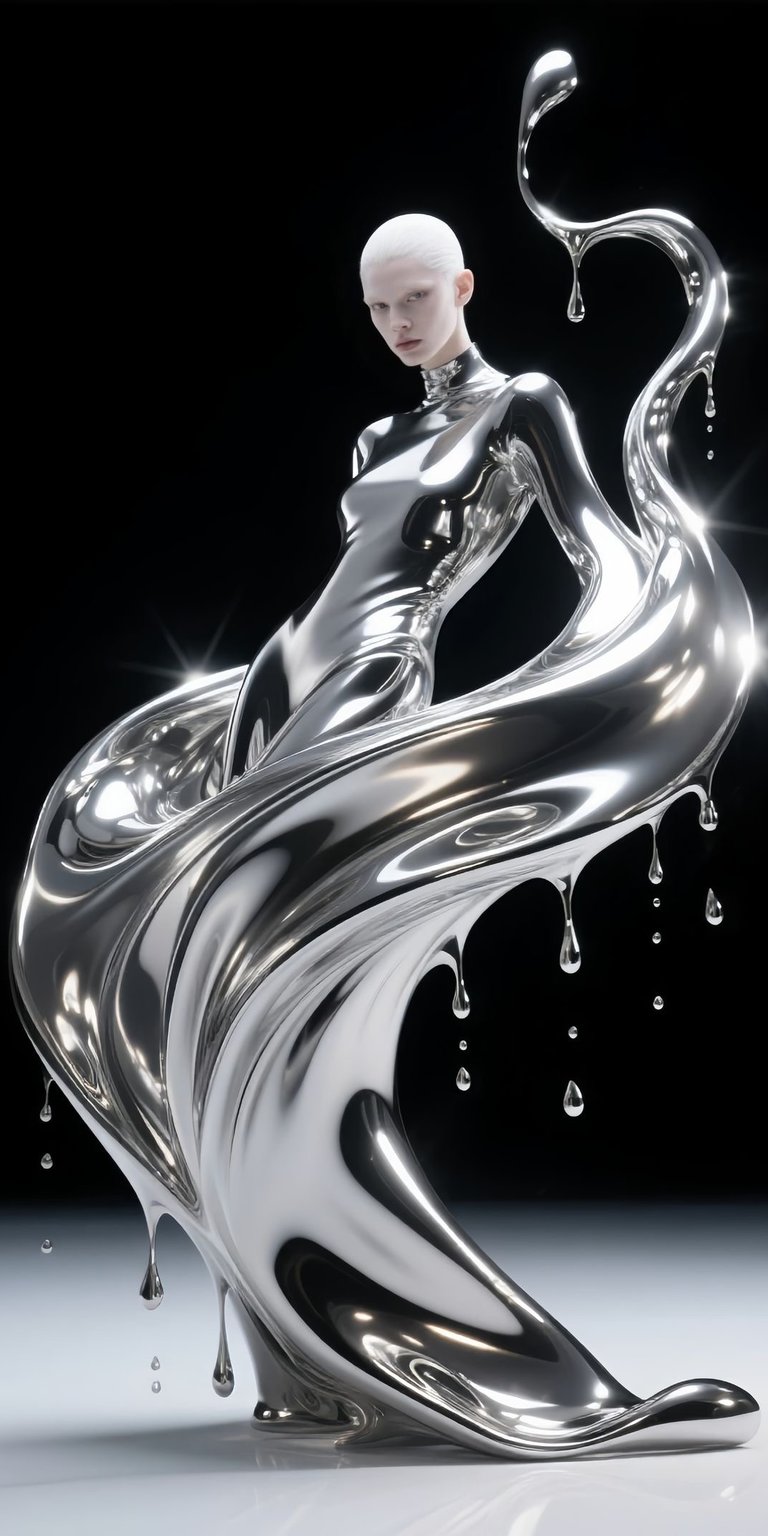 Add a bold edge to your iPhone with this 4K wallpaper depicting a bald woman draped in flowing, liquid chrome. This striking wallpaper combines high-fashion aesthetics with a sci-fi cyberpunk vibe, highlighting intricate metallic reflections and high-definition detail.