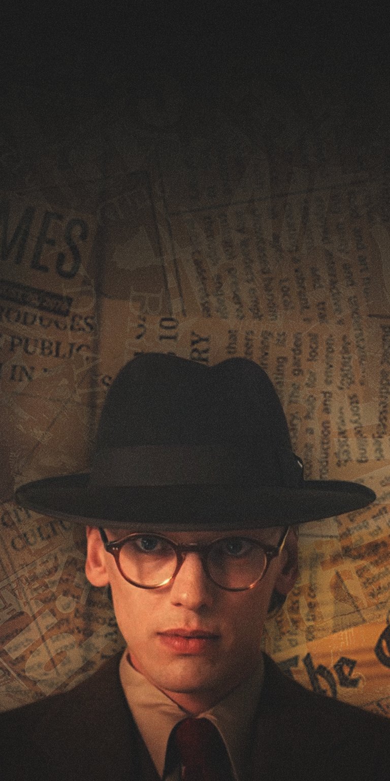Download this striking Jamie Campbell Bower 4K wallpaper for your iPhone, showcasing him in a fedora and glasses against a backdrop of vintage newspaper clippings. This wallpaper highlights his distinctive look and adds a touch of retro charm to your device.