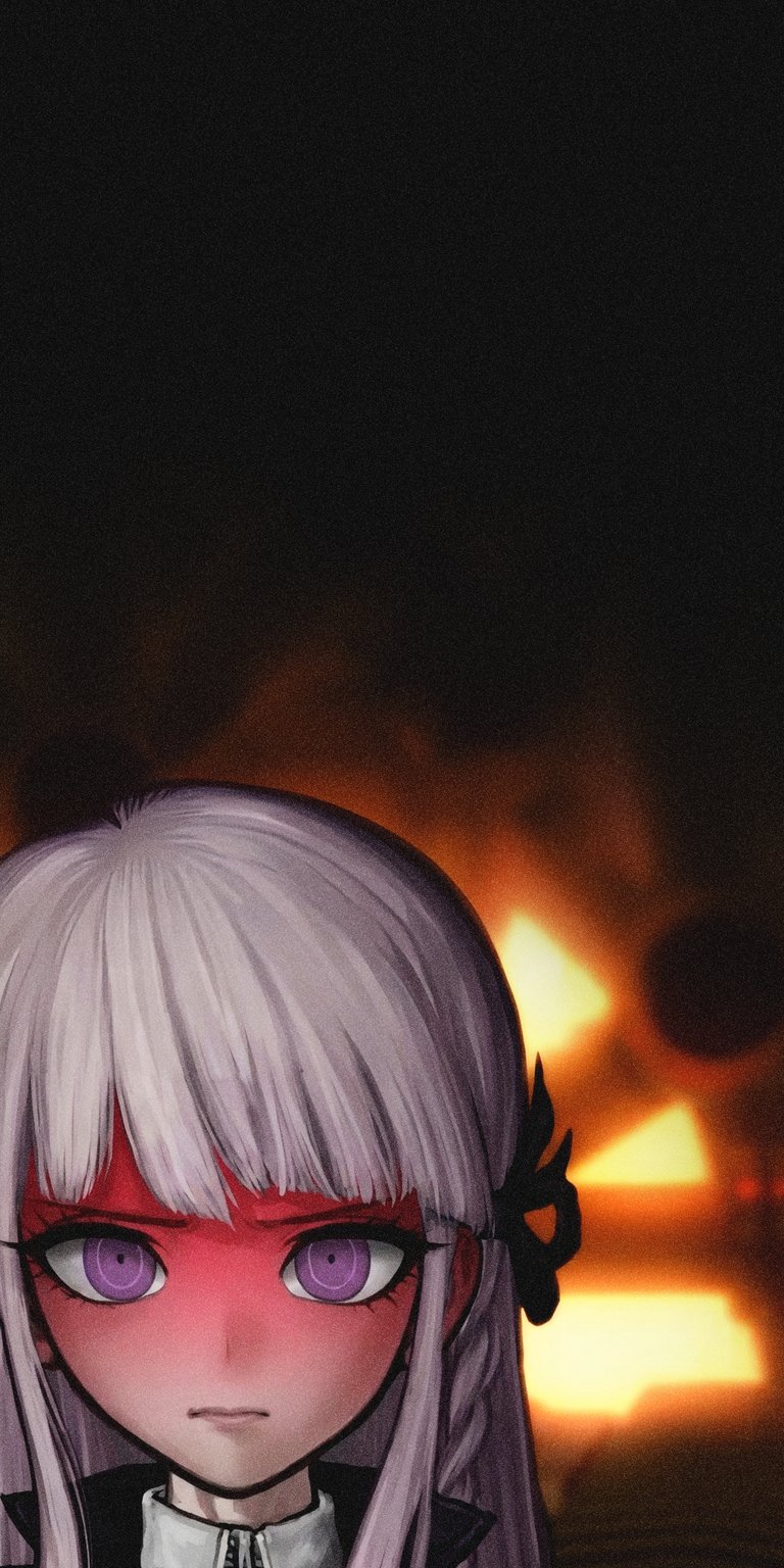 Kyoko Kirigiri Static Wallpaper featuring her sharp purple eyes, pale silver hair, and a dramatic fiery background glow. This aesthetic wallpaper creates a dark, high-contrast mood that looks striking on iPhone lock screen and home screen setups, making the wallpaper both intense and visually captivating.